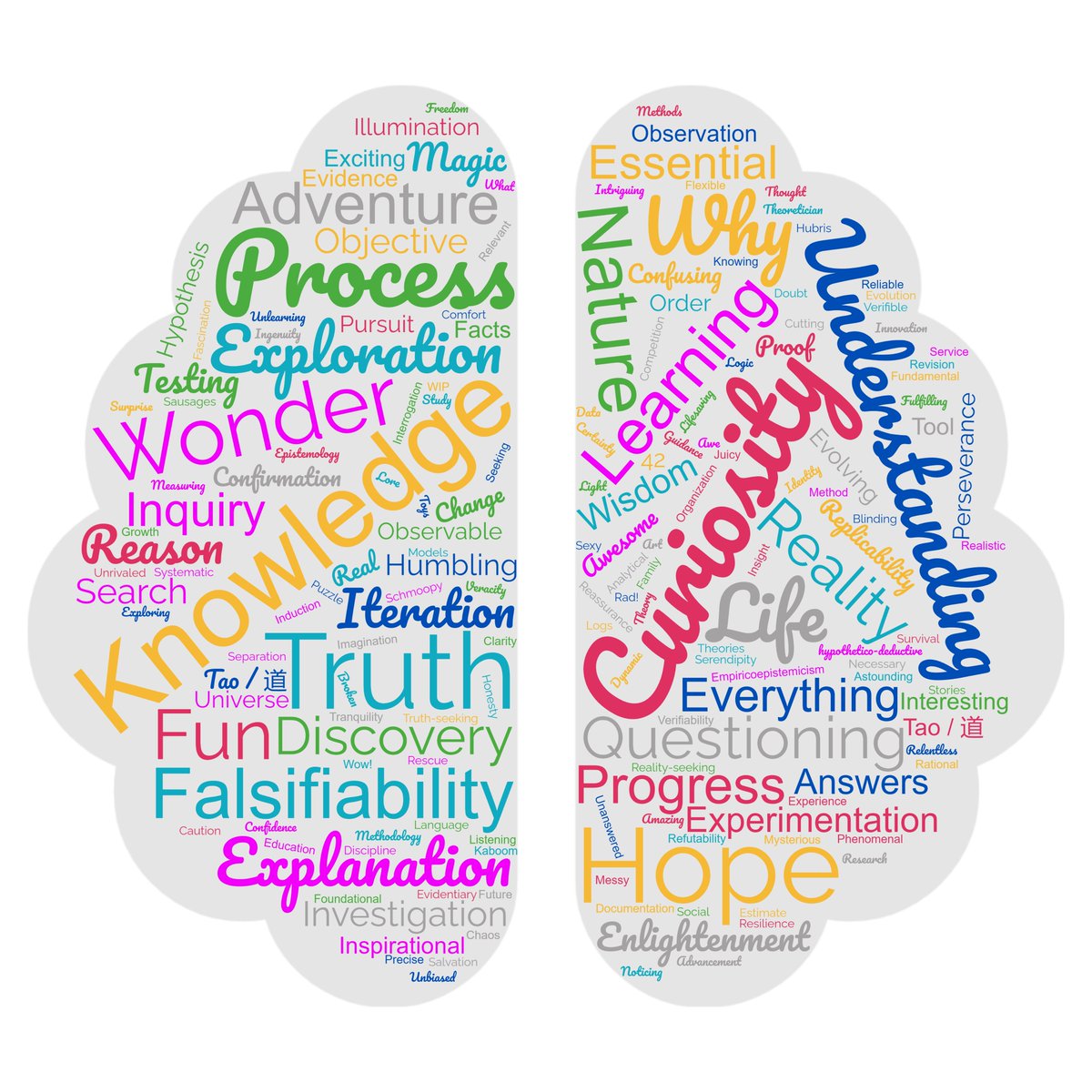 Word cloud of over 175 words describing what science is & means. Knowledge, Curiosity, Understanding, and Hope are prominent.