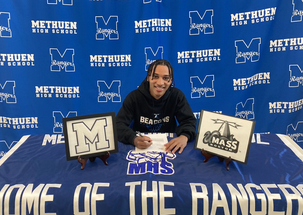 methuensports's tweet photo. Congratulations to Isaac Allen on his commitment to continue his academic and athletic career at @UMB_MBB - Isaac was a 4 year starter, league MVP, a 3.6 GPA and as we speak is heading up to volunteer with Unified Track. UMASS Boston getting a special kid! Way to go Isaac! https://t.co/MmVJMu9bjP