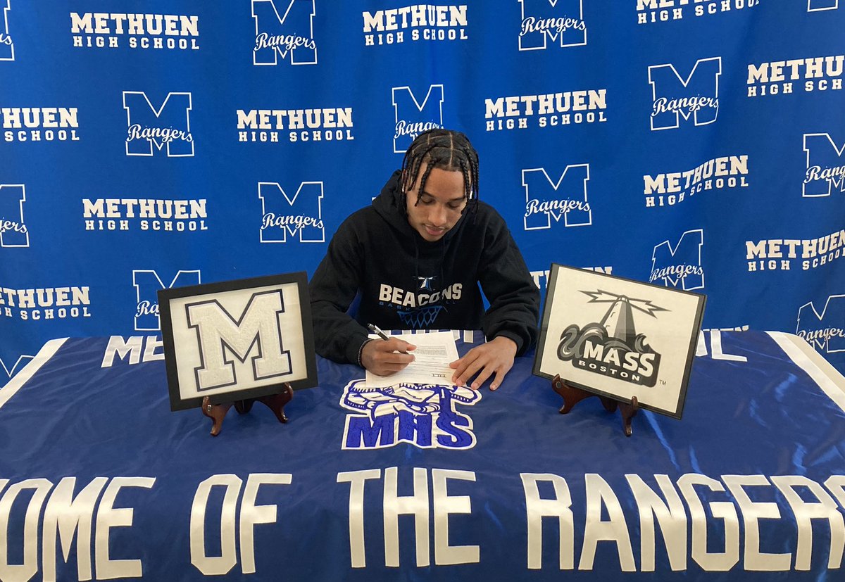 methuensports's tweet photo. Congratulations to Isaac Allen on his commitment to continue his academic and athletic career at @UMB_MBB - Isaac was a 4 year starter, league MVP, a 3.6 GPA and as we speak is heading up to volunteer with Unified Track. UMASS Boston getting a special kid! Way to go Isaac! https://t.co/MmVJMu9bjP