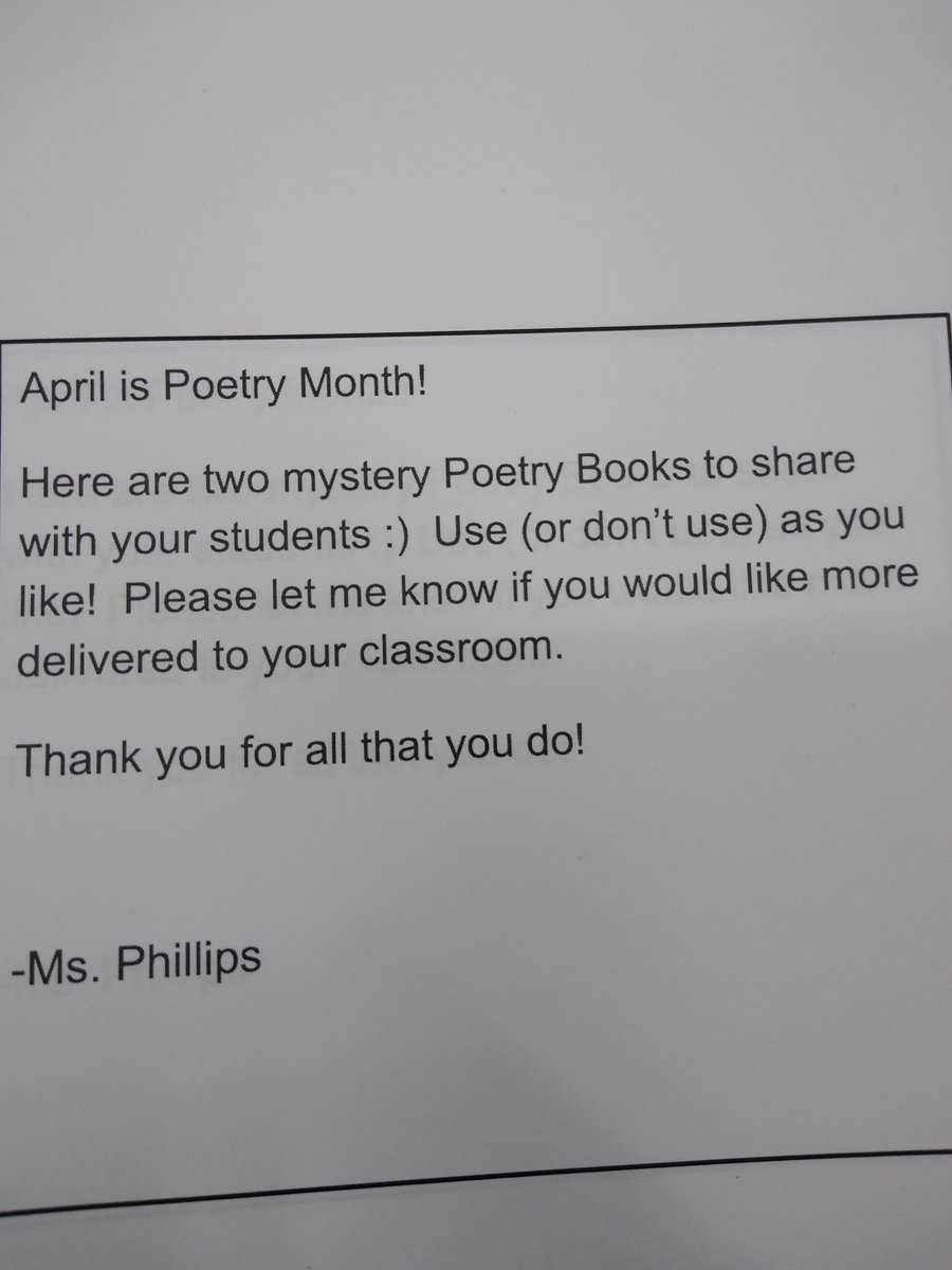WileyLibrary's tweet photo. April is National Poetry Month! We had fun delivering mystery poetry books to our ELA teachers on Friday! #1Wiley #lisdlibraries https://t.co/tIMV8s3lRr