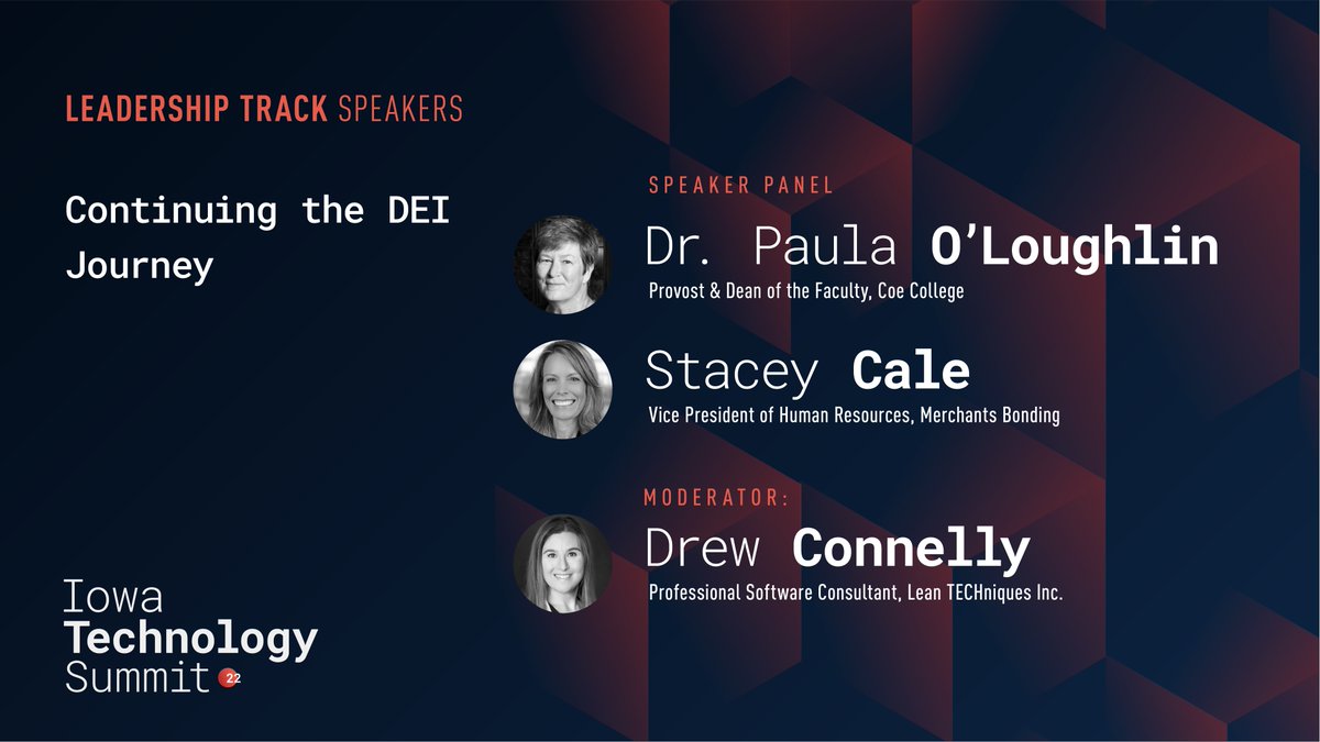 Don't miss this Leadership track panel at the Iowa Technology Summit Presented by <a href="/WellmarkBCBS/">Wellmark BCBS</a> on April 12. 
Drew Connelly, <a href="/leantechniques/">Lean TECHniques</a>
Dr. Paula O'Loughlin, <a href="/CoeCollege/">Coe College</a> 
Stacey Cale, <a href="/MerchantsBond/">Merchants Bonding Company</a> 
ow.ly/h4ME50Ij4BN 
#UniteIowaTech #IowaTechnologySummit
