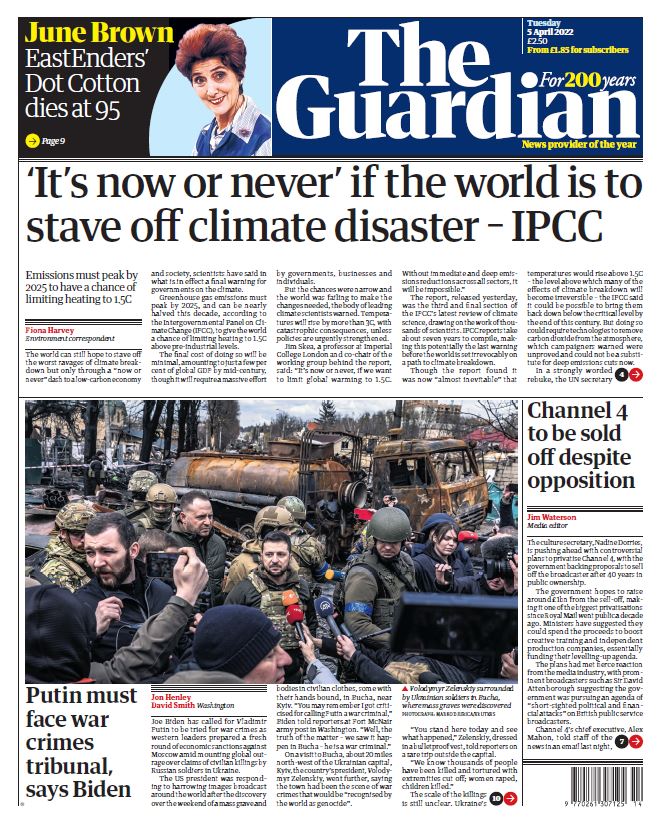 Tuesday’s Guardian: “’It’s now or never’ if world is to stave off climate disaster – IPCC ” #BBCPapers #TomorrowsPapersToday bbc.in/BBCPapers