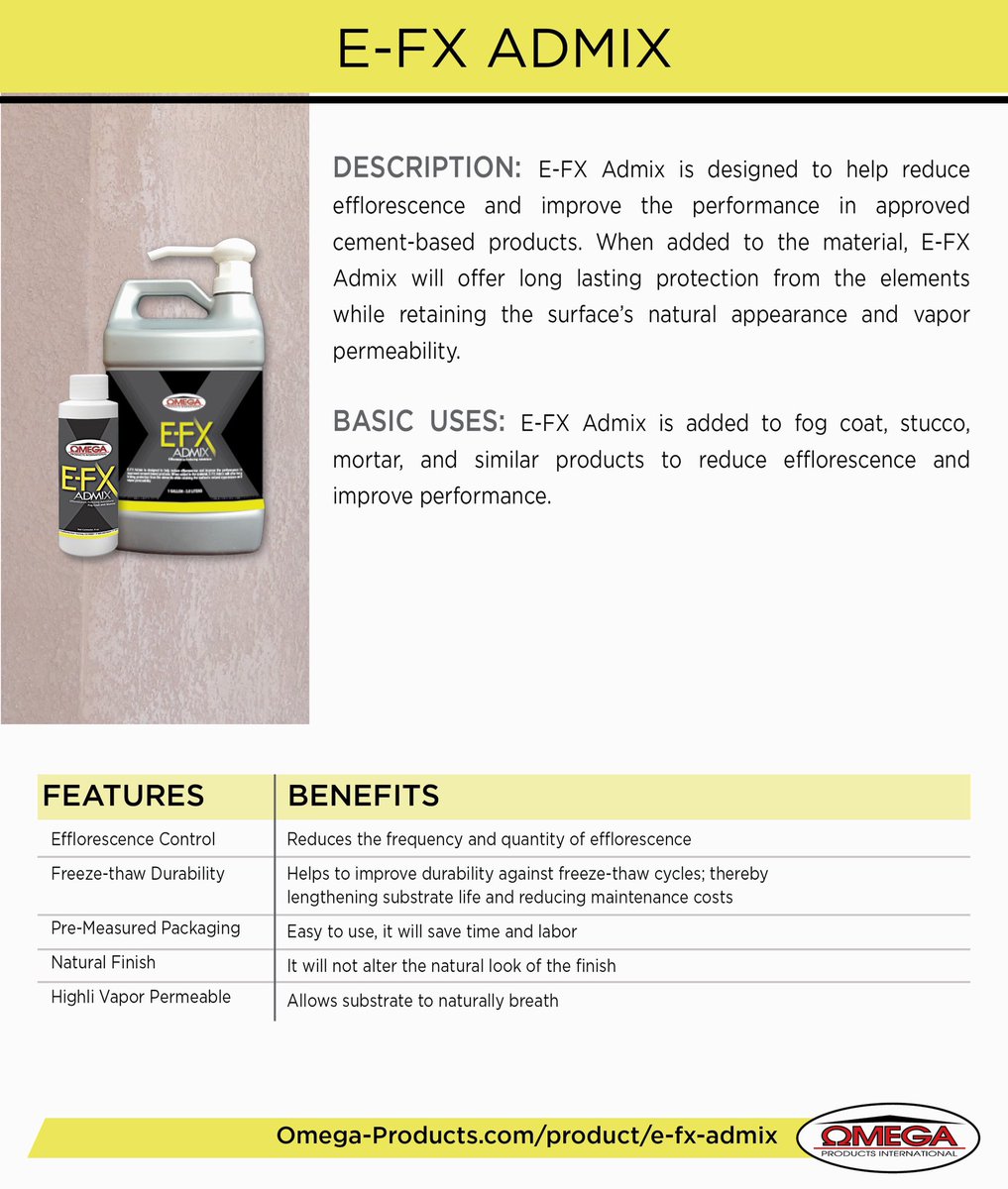 Looking for a product to help reduce efflorescence? Omega’s E-FX Admix is designed to help with that.
 
#omegaproducts #abcs #efx #admixes #bonders #cleaners #sealers  #buildingmaterials #efflorescence #americanmade