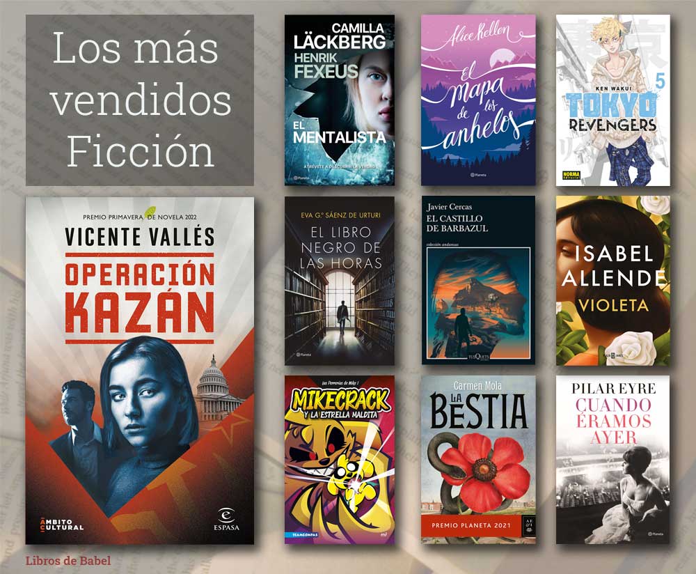 En ficción lidera el periodista Vicente Vallés con 'Operación Kazán'. Se mantienen Camilla Läckberg y Henrik Fexeus con 'El mentalista', Pilar Eyre con 'Cuando éramos ayer', Javier Cercas con 'El castillo de Barbazul' y Carmen Mola con 'La bestia'. #libros #librosmásvendidos