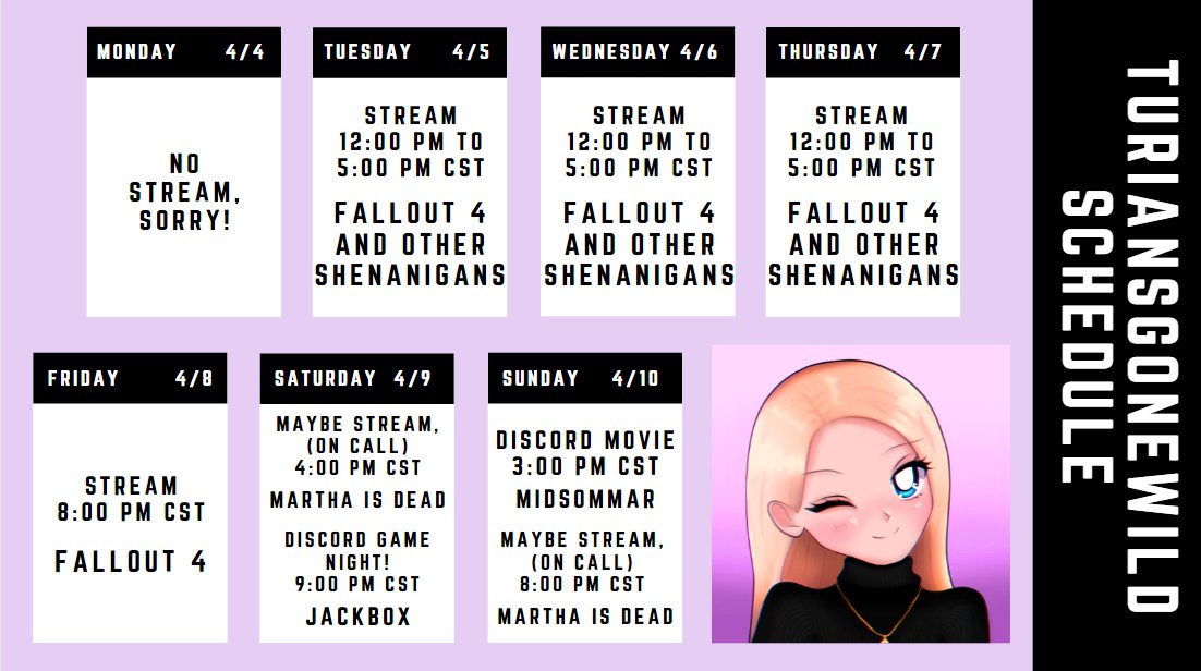 Don't usually post my stream schedule but this week's a busy week as we get back into the swing of things! I'm also going to be doing a You Laugh You Lose Challenge, a Scare Challenge, and a Cringe Challenge over the next 3 days since we're having some long streams! Much love 💕