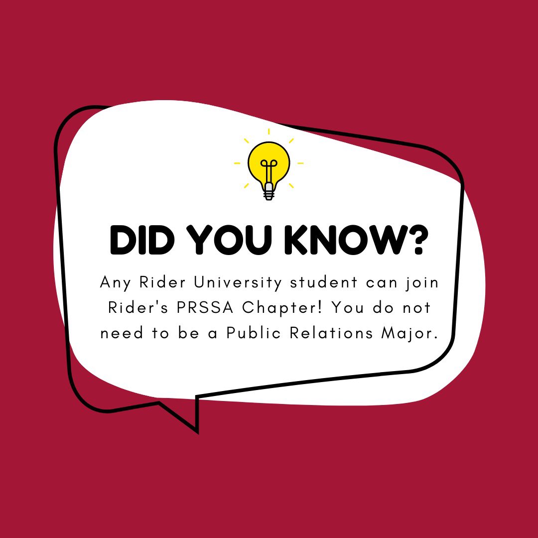 RiderPRSSA's tweet photo. 💡Did You Know? 

📲 Interested in joining Rider’s PRSSA Chapter? Email publicrelationssociety@rider.edu! 

#RiderUniversity #RiderPRSSA #PRSSA #PublicRelations #GoBroncs https://t.co/TFZaMBTQIa