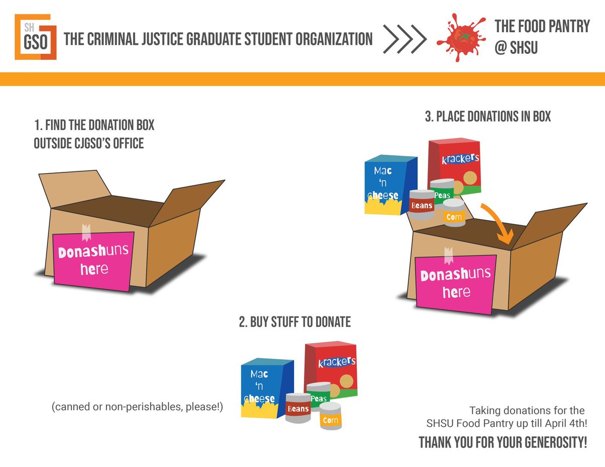 SHSU CJ GSO (@shsucjgso) on Twitter photo GSO worked this semester on a Food Drive for the <a href="/shsu_foodpantry/">SHSU Food Pantry</a>. GSO & faculty contributed to the donations!
All was delivered this AM by our pres. Meghan Royle & GSO member Davis Shelfer. Thanks to all who helped! GSO will also be volunteering w/ distribution on 4/6! GSO worked this semester on a Food Drive for the <a href="/shsu_foodpantry/">SHSU Food Pantry</a>. GSO & faculty contributed to the donations!
All was delivered this AM by our pres. Meghan Royle & GSO member Davis Shelfer. Thanks to all who helped! GSO will also be volunteering w/ distribution on 4/6!