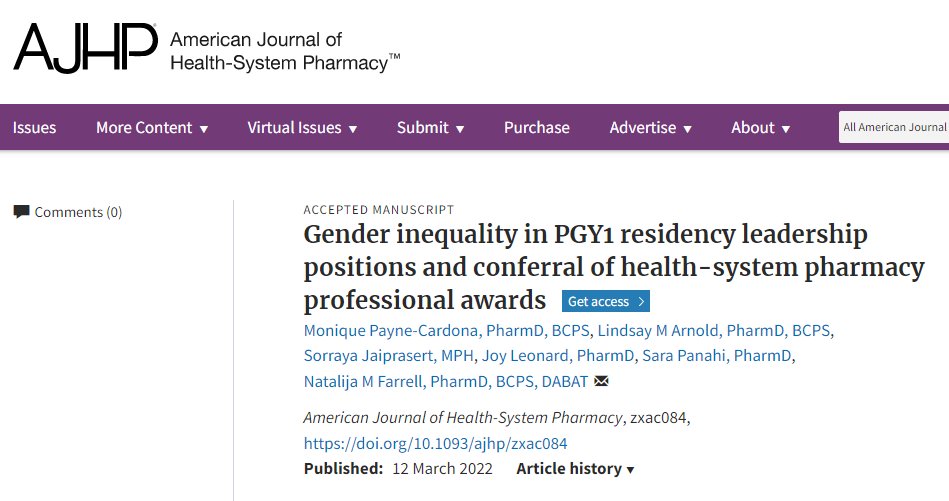 🚨Publication alert 🚨
Preceptors, former residents and students published a research article on gender inequality in #pharmRes &amp; departmental leadership

Excellent read!

<a href="/NatalijaFarrell/">Natalija Farrell, PharmD, BCPS, DABAT, FAACT</a> <a href="/lindsaymaarnold/">Lindsay Arnold</a> <a href="/2Sorraya/">Sorraya Jaiprasert</a> <a href="/JoyPharmD/">Joy</a> <a href="/PanahiPharmD/">Sara Panahi, PharmD</a> <a href="/AJHPOfficial/">AJHP</a> 

doi.org/10.1093/ajhp/z…