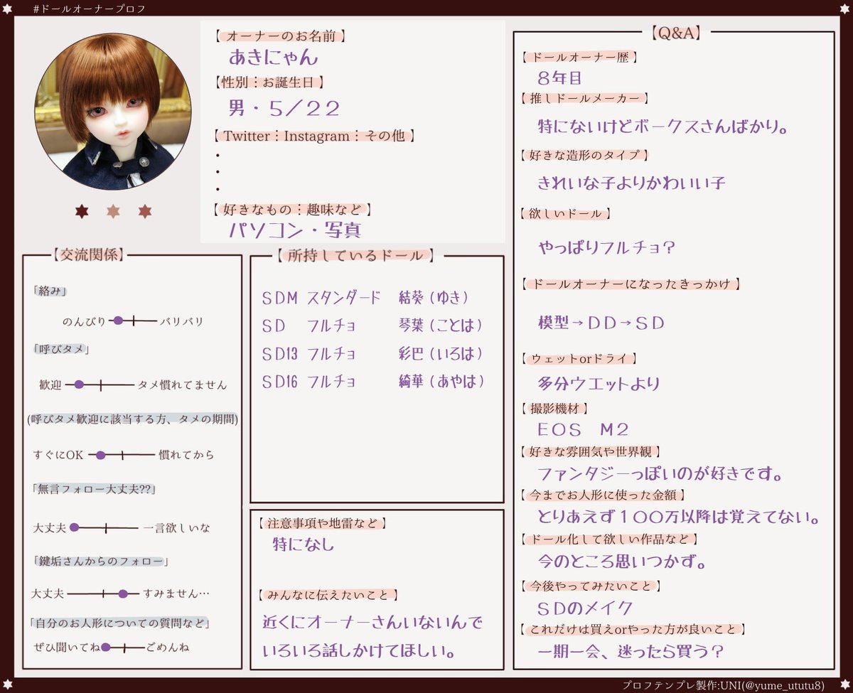 ドールオーナープロフ #ドールオーナーさんと繋がりたい テンプレお