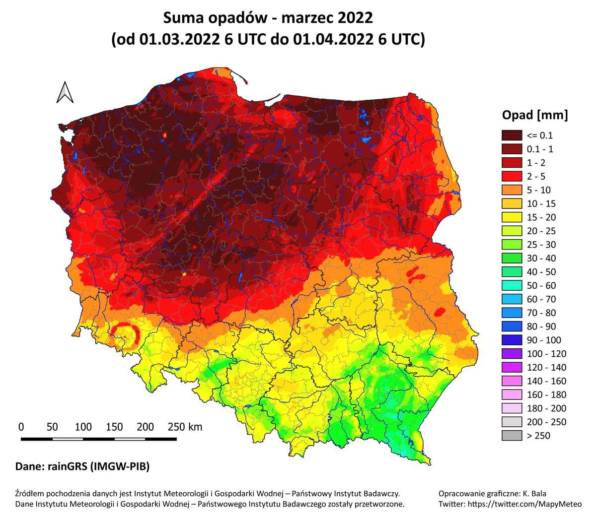 MapyMeteo's tweet photo. Tak prezentuje się suma opadów za marzec według #rainGRS. Pierwszy miesiąc wiosny meteorologicznej okazał się bardzo suchy, miejscami rekordowo. Na znacznym obszarze kraju spadło poniżej 1 mm opadów!
#wiosna #marzec #pogoda #susza https://t.co/BAmJPUNUA0
