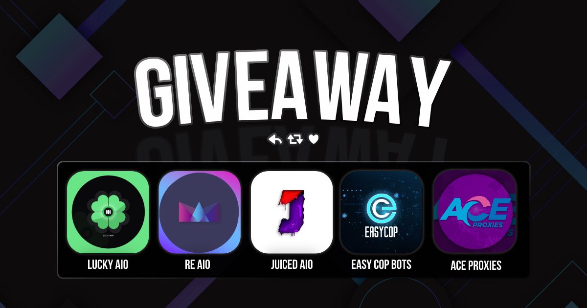 Giveaway time🎁🍀 @Lucky_AIO - 1 GB private plan @Juicedio - 1 month @EasyCopBots - 1 🔑 @RE_AIO - 1 key @AceProxies - 1 GB To enter: 1.Follow ✅ 2.Like❤️ 3.RT♻️ 4.Tag 1 friend