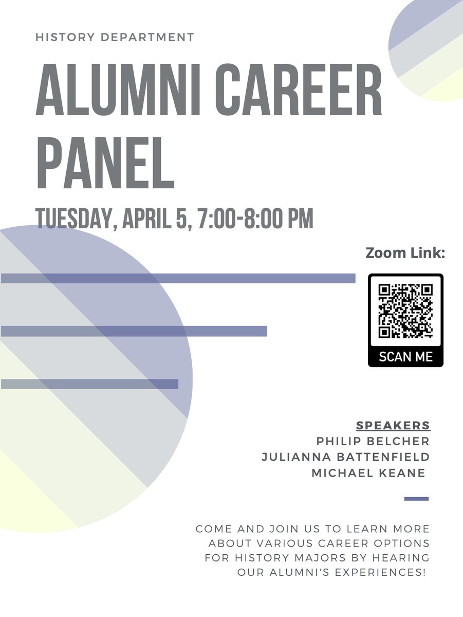 Join us tomorrow at 5:00 pm online for our alumni career panel and hear more about various professional; paths available for history students! You can scan the QR quote for the event registration! #furmanuniversity #history #professionaldevelopment