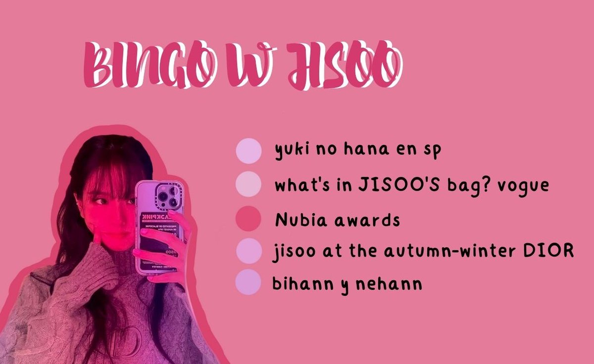 jisooporting's tweet photo. 🏩|BINGO W JISOO

holaaa! aquí está el bingo de hoy pueden hacerlo cuando gusten! 
블랙핑크 지수 #지수 #JISOO #ジス #블랙핑크지수 @BLACKPINK https://t.co/um8TBjTRA6