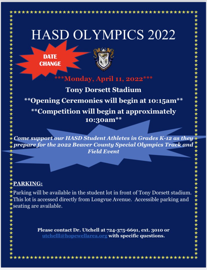 DATE CHANGED: Due to this week’s weather, HASD Olympics will now be held on Monday, April 11, 2022. Please come out to support our athletes! <a href="/Hopewell_Viking/">Hopewell High School</a> <a href="/tallprincipal/">@tallprincipal</a> <a href="/HMJHPrincipal/">Kat</a> <a href="/PrincipalKKane/">Korri Kane</a> <a href="/HHSVikingAP/">Dr. Rob Kartychak</a> <a href="/Kellee_Oliver/">Kellee Oliver</a>