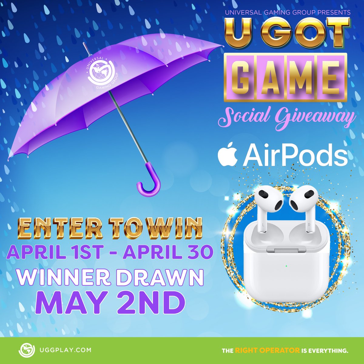 ☔ Spring showers isn't the only thing going on this month!! U GOT GAME is giving away a pair of Apple Airpods (3rd generation)!!  Visit uggplay.com/ugotgame every day to enter for a chance to #WIN!