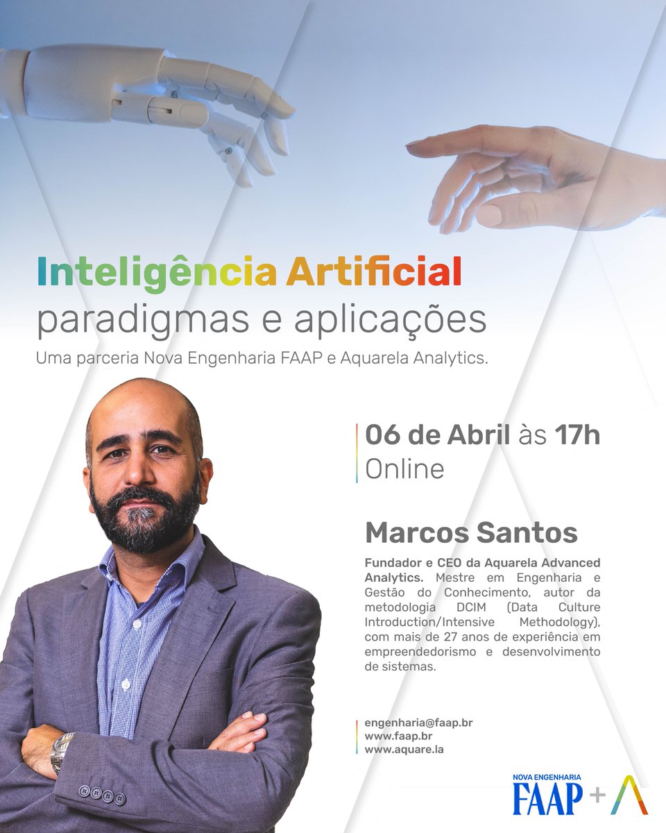 aquare_la's tweet photo. Dia 6, o nosso CEO irá ministrar a palestra "Inteligência Artificial: paradigmas e aplicações", apresentando sua percepção sobre as inovações e avanços da área. O evento é resultado de uma parceria entre a FAAP e a Aquarela Analytics. 

Inscreva-se: https://t.co/msyxgXNqNl

#IA https://t.co/uvPLec9Adj