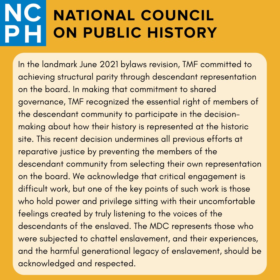 ncph's tweet photo. NCPH is disappointed to see the leadership of @JMMontpelier (TMF), an institution we have in the past upheld as an example of working with its descendant community, go back on its promise of self-determination and shared governance to the Montpelier Descendants Committee. https://t.co/nn5dsyV2wl