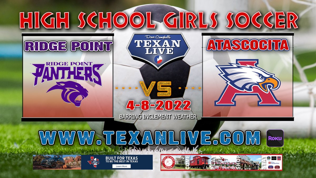 Regional Semi-Finals
WATCH THIS GAME LIVE 
Ridge point vs Atascocita
Girls Soccer
Friday 4/8/2022
Coverage begins at 12:30PM 
For the Live Link click here: bit.ly/3LJatvc

6A Reg 3- Regional Final streamed here: bit.ly/3LAo0EY

<a href="/RPHS_Panthers/">Ridge Point HS</a> <a href="/HumbleISD_AHS/">The Atascocita HS</a>