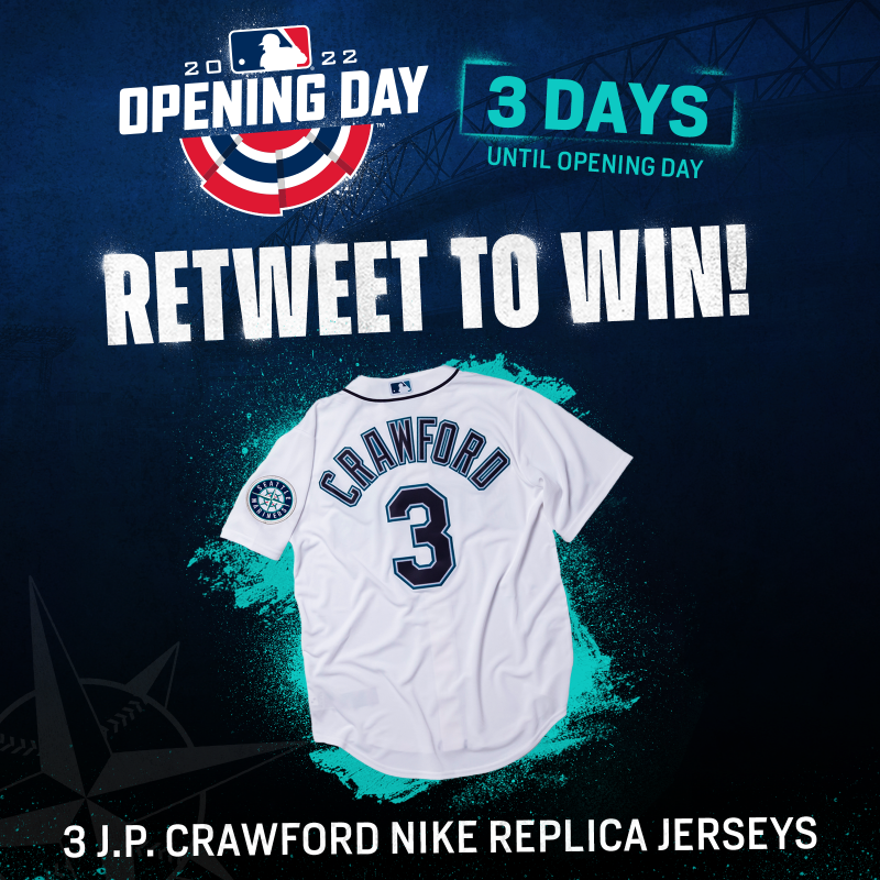 Mariners's tweet photo. 🚨 RT TO WIN 🚨 

We’re @jp_crawford days away! Retweet for a chance to win a J.P. Nike replica jersey! #SeaUsRise