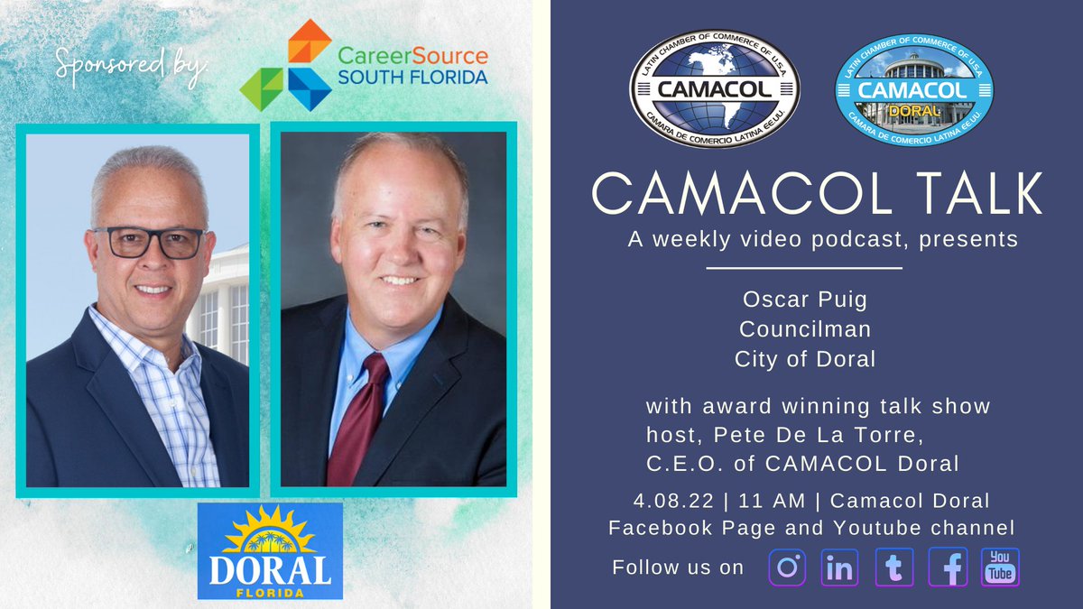 Join us this Friday, April 8th at 11:00 am EST for a new episode of CAMACOL Talk Podcast with our special guest Oscar Puig, Councilman, <a href="/Cityofdoral/">City of Doral</a>   
Get reminder here: lnkd.in/giiqKT4

#cityofdoral #councilman #electedofficial #podcast #doralflorida #smallbusinessdoral