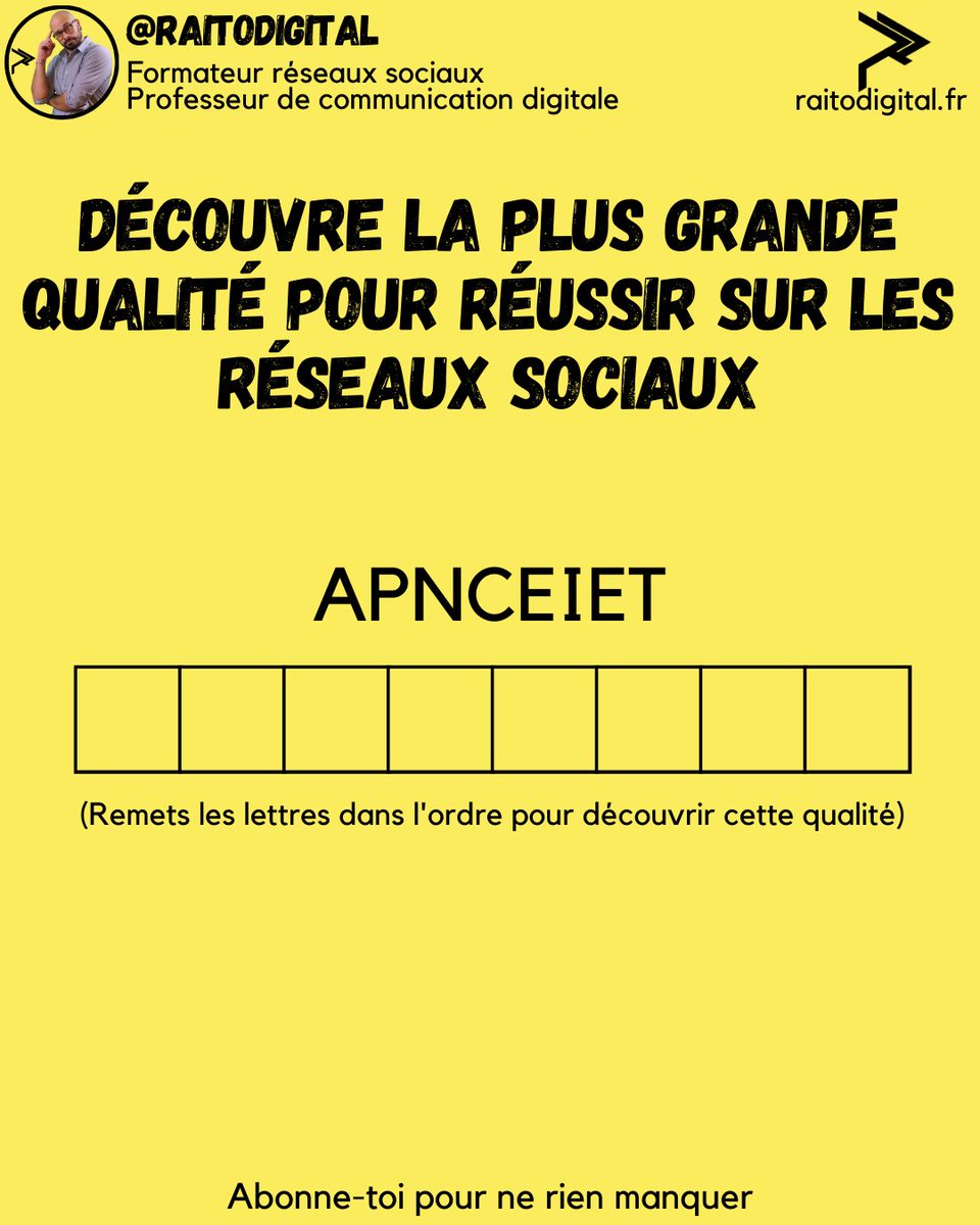 raitodigital's tweet photo. ❤️ Like si tu as cette qualité !
#raitodigital #communicationdigitale #reseauxsociaux #réseauxsociaux #motsmélés #jeu #communitymanager #communitymanagerfrance #socialmediamanager #socialmediamanagerfrance #conseilréseauxsociaux #coachreseauxsociaux #formationreseauxsociaux https://t.co/XWY6UxEgqr