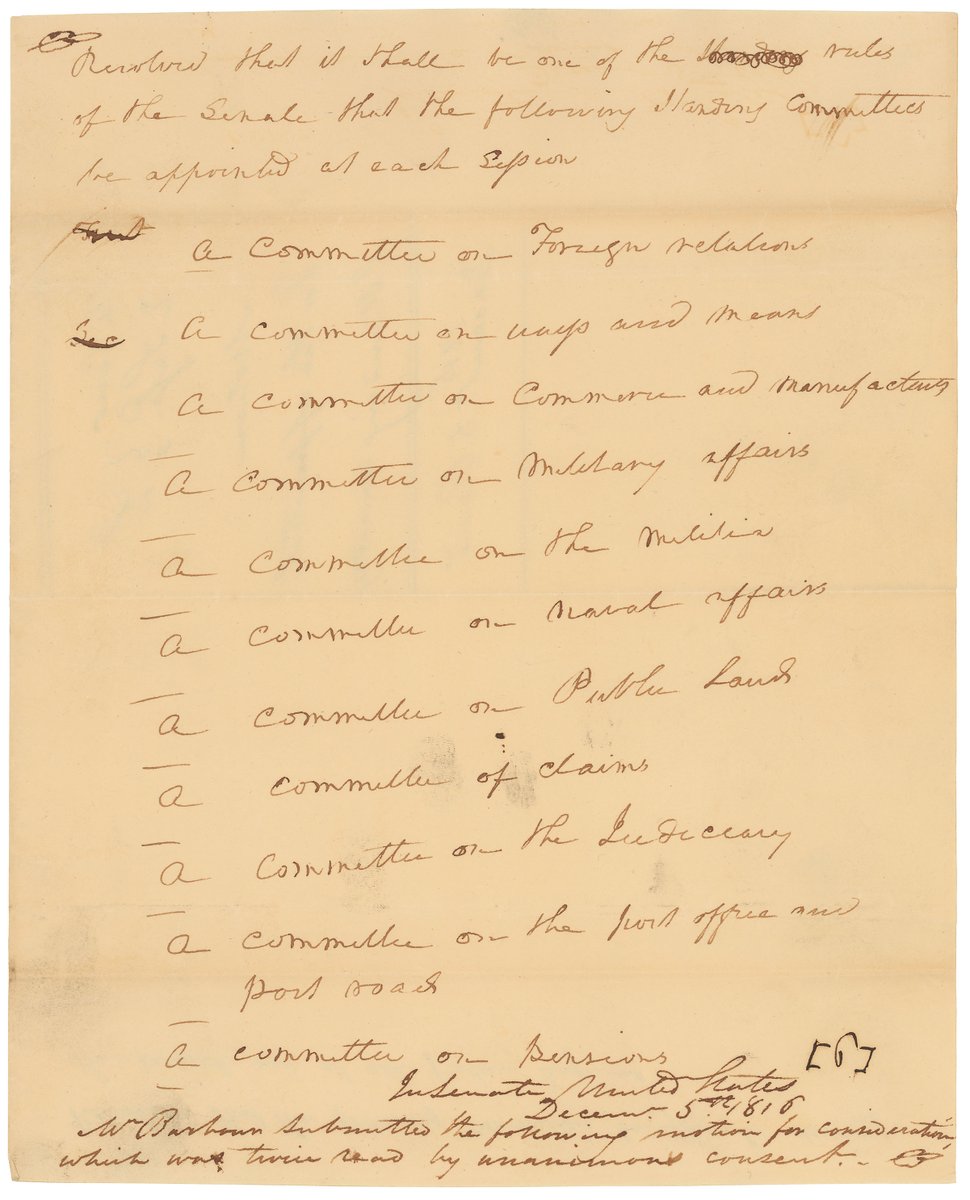 SenateHistory's tweet photo. On December 5, 1816, Virginia senator James Barbour submitted this proposal to establish 11 permanent standing committees https://t.co/scqdTgCTV3 #SenateStories #CongressWeek https://t.co/4bRPUWpgZM