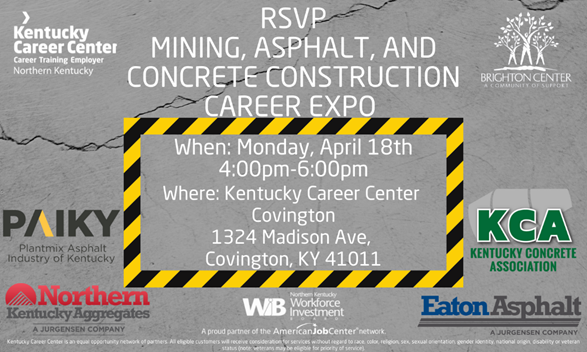 KYConcreteAssn's tweet photo. Attn #KCA members in #NKY: Register for the #Mining, #Asphalt &amp; #Concrete #Career Expo on April 18th in #Covington #KY #construction #careersinconstruction #concreteconstruction #BrightonCenter #KYCareerCenter #workforce https://t.co/WLaa5PnE5j https://t.co/hZGl7RksLl