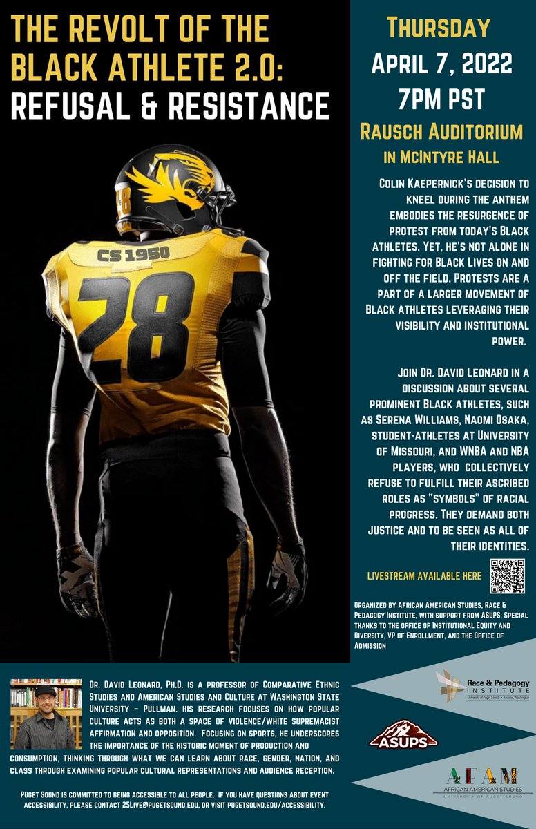 Race & Pedagogy Institute (@psracepedagogy) on Twitter photo Check out our in-person* event this Friday with a guest lecturer from WSU-Pullman!
"The Revolt of the Black Athlete 2.0: Refusal & Resistance"
fb.me/e/4HpVclkPB
<a href="/univpugetsound/">Univ. of Puget Sound</a>
<a href="/PSLoggers/">Puget Sound Loggers</a>
<a href="/PSAlumni/">Puget Sound Alumni</a>
<a href="/UWTacomaPDC/">UW Tacoma Professional Development Center</a>
<a href="/WSUPullman/">WSU Pullman</a>
*Live-stream via Zoom will be available Check out our in-person* event this Friday with a guest lecturer from WSU-Pullman!
"The Revolt of the Black Athlete 2.0: Refusal & Resistance"
fb.me/e/4HpVclkPB
<a href="/univpugetsound/">Univ. of Puget Sound</a>
<a href="/PSLoggers/">Puget Sound Loggers</a>
<a href="/PSAlumni/">Puget Sound Alumni</a>
<a href="/UWTacomaPDC/">UW Tacoma Professional Development Center</a>
<a href="/WSUPullman/">WSU Pullman</a>
*Live-stream via Zoom will be available