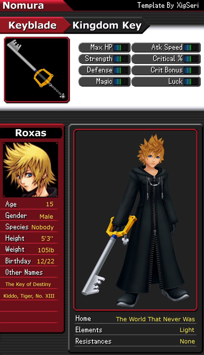 XigSeri's tweet image. I made an Kingdom Hearts original character template sheet based on the 358/2 Days stats screens! Here's the blank template and a quick example using Roxas.
#khoc #kingdomhearts #kingdomheartsoc #kingdomheartsoriginalcharacter #originalcharactertemplate #originalcharactermeme