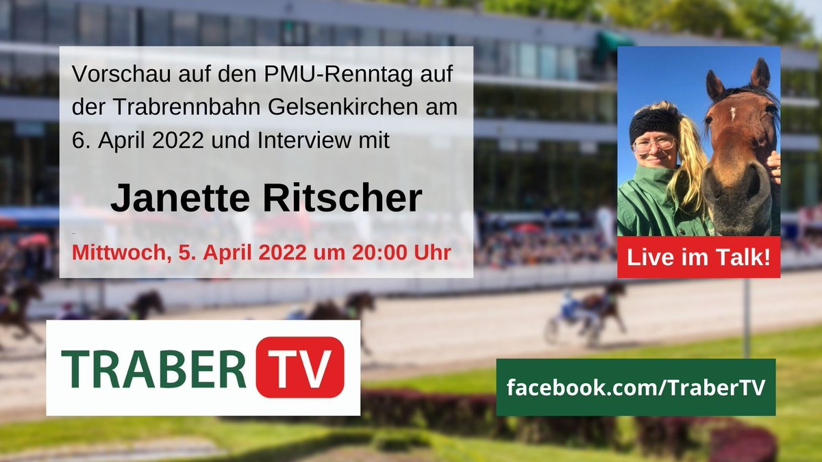 Am Mitwoch zur Mittagszeit findet im <a href="/GelsenTrabPark/">GelsenTrabPark</a> ein <a href="/pmu/">PMU</a>-Renntag mit 5 #Trabrennen statt. 
Morgen abend ~20:00 Uhr live bei <a href="/Traber_TV/">TraberTV</a> dazu Traberzüchterin Janette Ritscher.
#TraberTV #Gelsenkirchen
