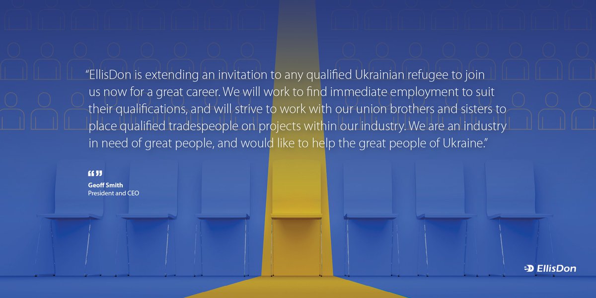 EllisDon's tweet photo. A message from our President and CEO, Geoff Smith. 
To view available positions, please visit: https://t.co/l5trZ1Szrw 
#thisismyellisdon #Ukraine #hiring #employment #opportunities #UkraineCrisis https://t.co/umNTzPQkXz