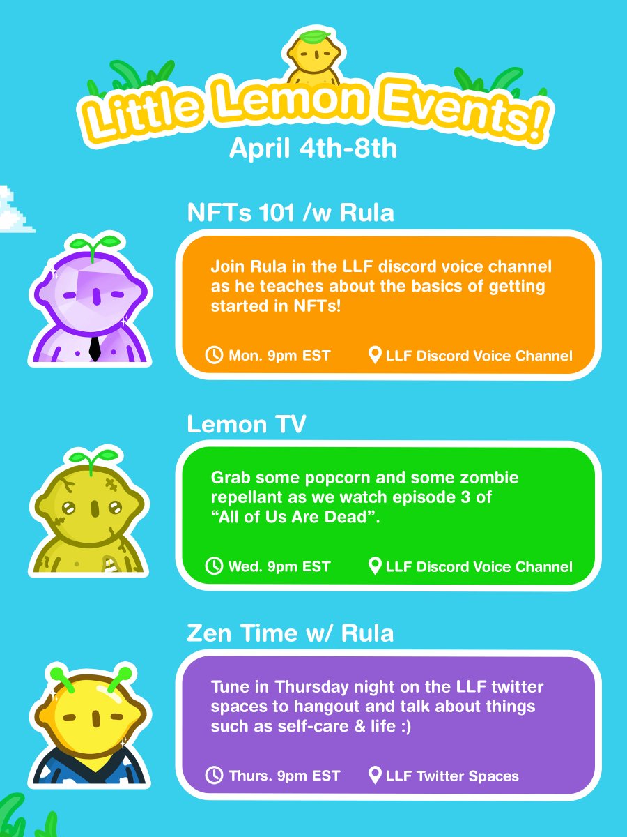 It's a very zesty week we have ahead of us with fun events &amp; an awesome Morning Squeeze line-up with a bunch of frens!

+ The Morning Squeeze will be officially moving to the main LLF twitter account starting this Wednesday👀

LIVE. LAUGH. LEMON.🍋💛