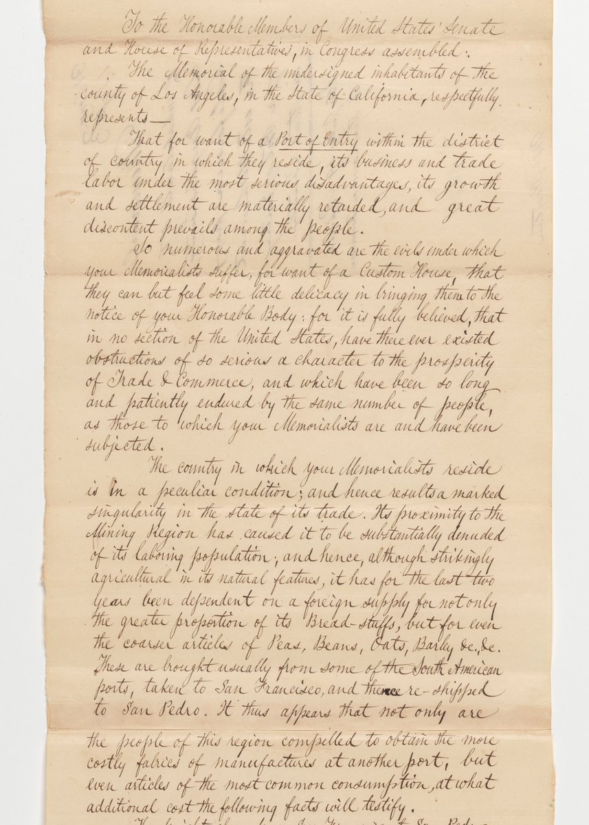 SenateHistory's tweet photo. In 1850, as California gained statehood, the residents of Los Angeles County submitted this memorial to Congress, which was referred to the Senate Commerce Committee, asking for the establishment of a port of entry https://t.co/scqdTgCTV3 #SenateStories #CongressWeek https://t.co/pvKL3FyxW6