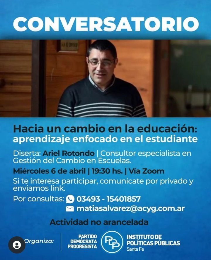 gabrielrealpdp's tweet photo. 📌 Compartimos invitación: Conversatorio “Hacia un cambio en la educación, aprendizaje enfocado en el estudiante”.
📅 Miércoles 6 de abril
🕣 19:30 hs.
💻 Vía Zoom.
➡️ Si te interesa participar, por favor comunicate 📲 3493401857 -matiasalvarez@acyg.com.ar
#PDPSANTAFE https://t.co/8deYi2mBIr