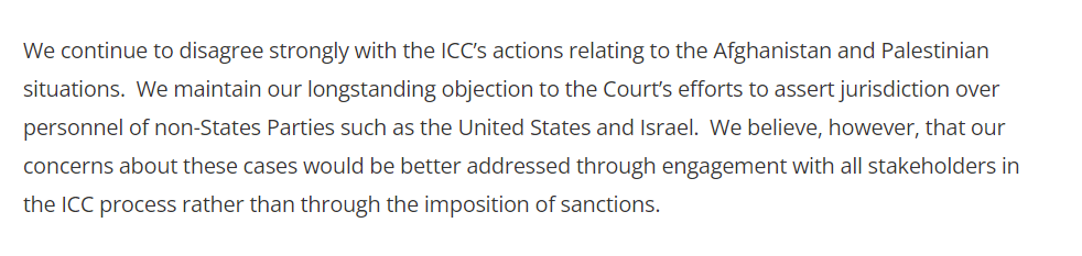 Harbpeace's tweet image. As Biden seeks a war crimes trial for atrocities in Ukraine, it is good to remember that less than 2 years ago, the US imposed sanctions on International Criminal Court officials.
And even when revoking the sanctions, the State Department said this: