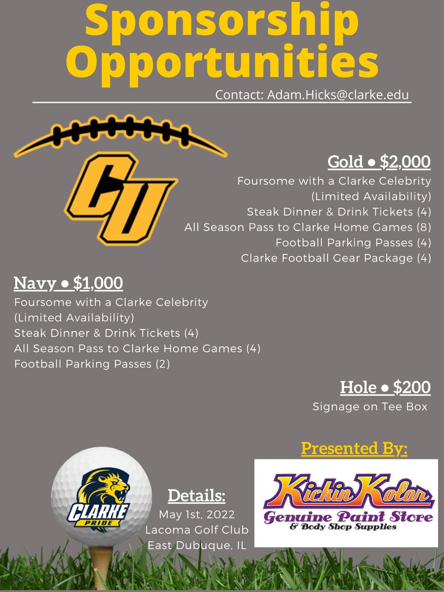 We're just under a month away from <a href="/ClarkePrideFB/">Clarke Pride Football</a>'s Inaugural Golf Outing!

The event will take place on May 1st at Lacoma Golf Club so get in and register to participate!

For more information, check out the link ⬇️ 

bit.ly/3wYhAvw