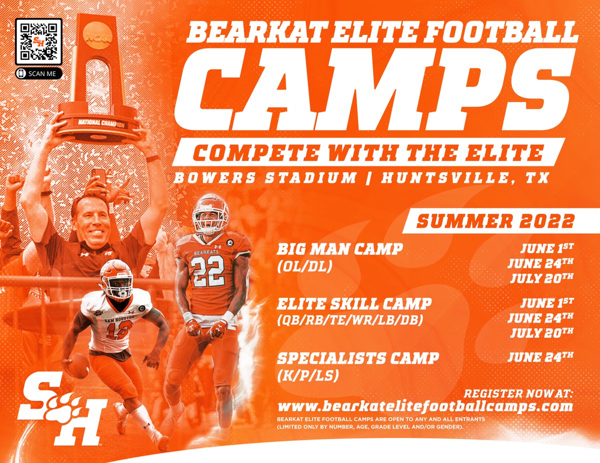 COMPETE WITH THE ELITE! This summer come learn from the staff and players of the winningest Division 1 football program in the state of Texas over the last 10 years, as we host the Bearkat Elite Football Camps here in Huntsville. Registration open now: bearkatelitefootballcamps.com