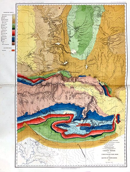 Topographic map with brightly colored lines and land areas showing sections of the Green River. A key appears to the side of the map.