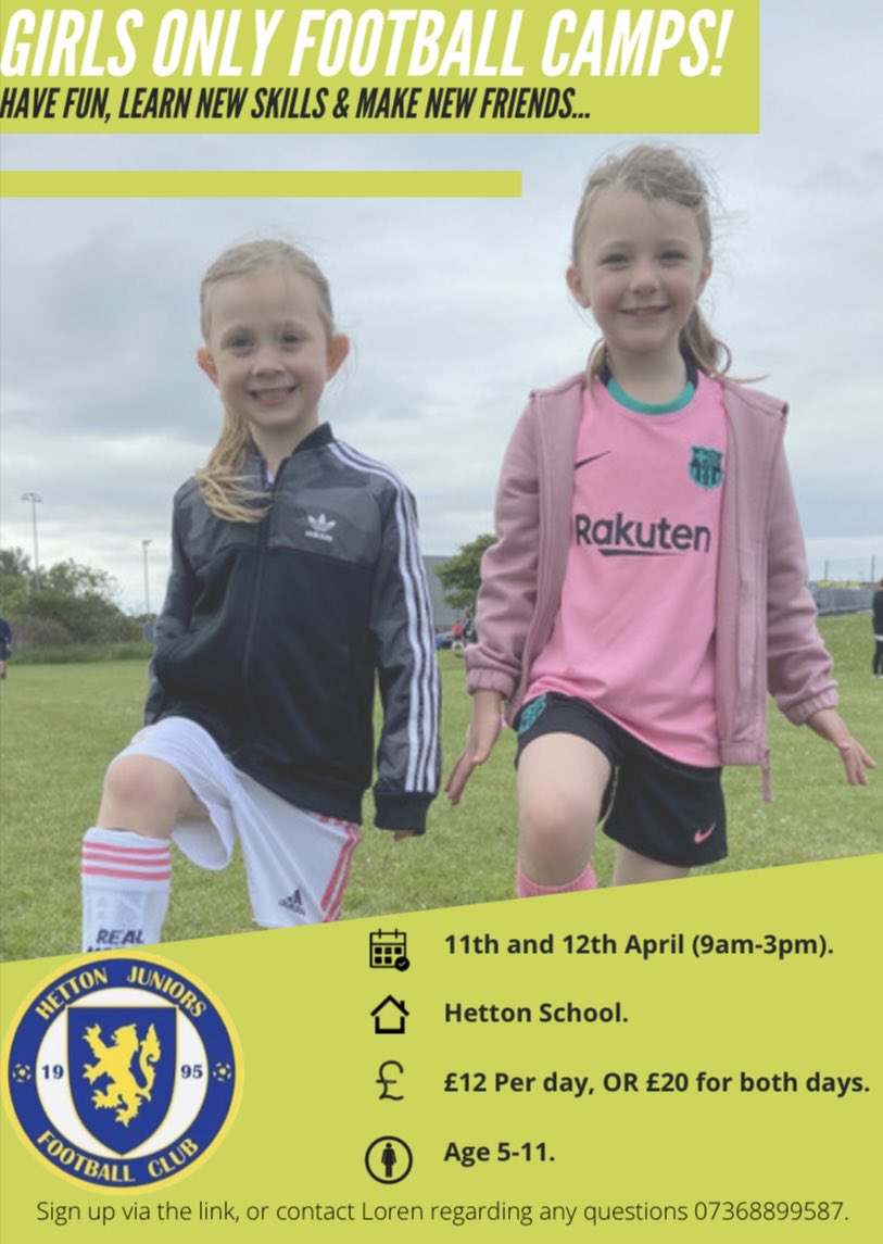 ⚽️ GIRLS ONLY FOOTBALL CAMPS ⚽️

Tell your friends and come down for some fun this Easter…

Sign up via the link, or message regarding any questions 😁 

cns-sports-stars.class4kids.co.uk/camp/62