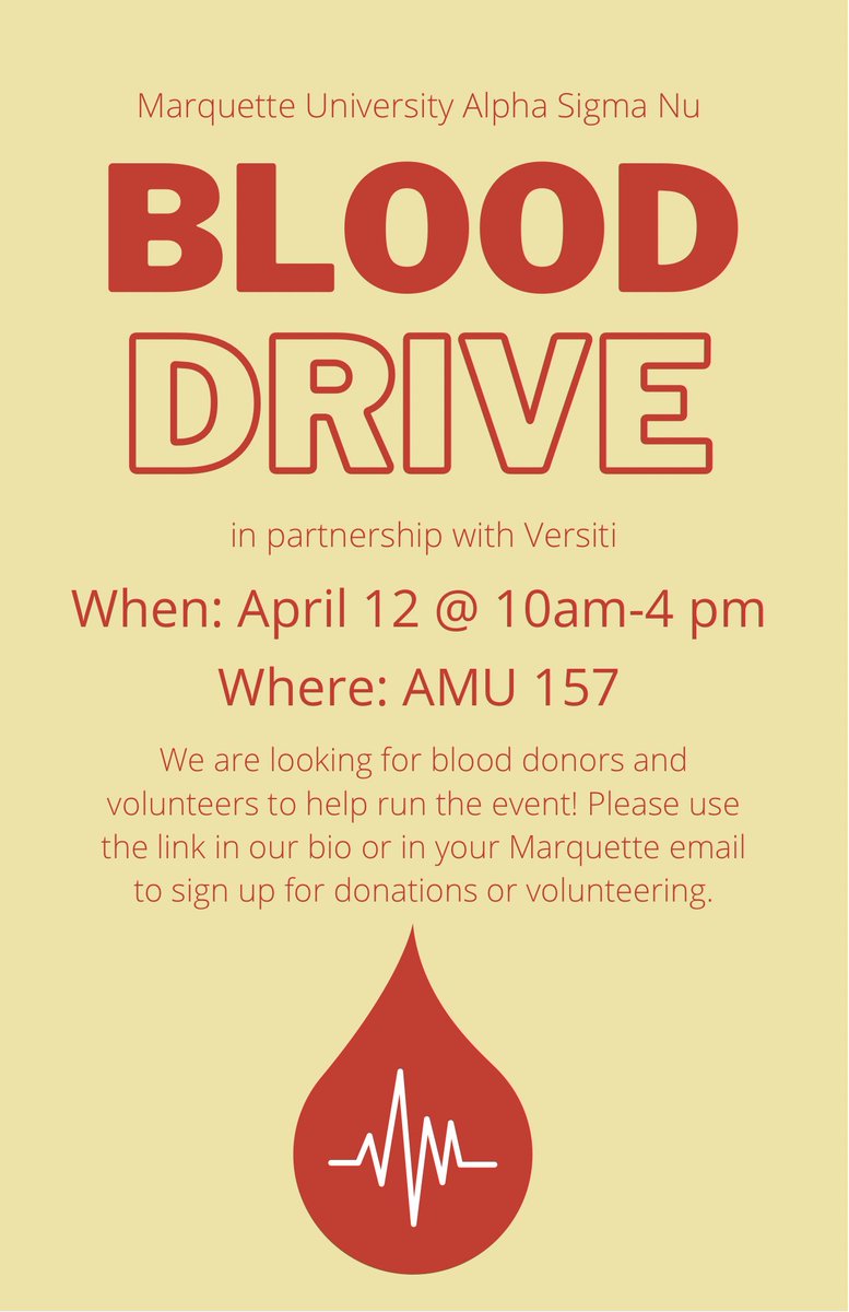Our blood drive in partnership with Versiti is quickly approaching &amp; we would love to see you all there!

We’re looking for more donors and volunteers to help run the event (sign up link below). 

More details about the event were sent to your MU email.