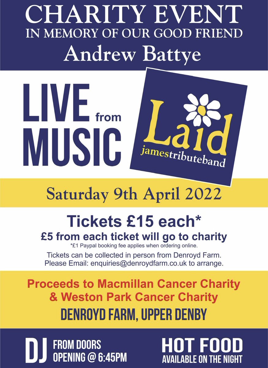 DenroydFarm's tweet photo. ๐จThis weekend! @BandLaid James Tribute ๐ค๐ถ
DJ and bar until late. Raising money for @WestonParkCC & @macmillancancer ๐๐๐งก
#holmfirthevents #hd8network #jamestribute #penistonefm https://t.co/ToTJ7pN7kt