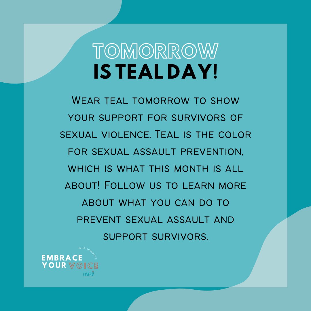 center_hu's tweet photo. Don't forget!  Tag us in a pic of you wearing teal for a chance to win a prize!  Use #tealtuesday or #endsexualviolance https://t.co/cfBUhVx7WO
