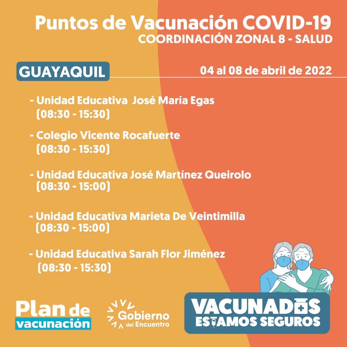 Salud_Guayas's tweet photo. Conoce los Centros de Salud (https://t.co/hyVEIpdvIo)🏥 y de Vacunación para recibir la #VacunaCOVID19 habilitados del 4 al 8 de abril.

Ven por tu primera, segunda dosis o refuerzo 💉.
 
#VacunadosEstamosSeguros https://t.co/dtWdkt0HVg