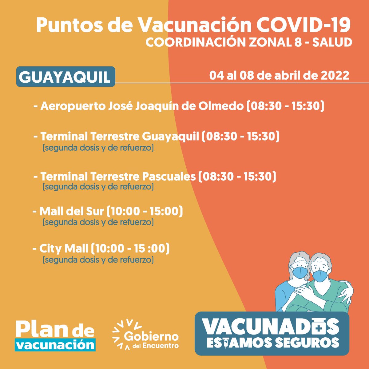 Salud_Guayas's tweet photo. Conoce los Centros de Salud (https://t.co/hyVEIpdvIo)🏥 y de Vacunación para recibir la #VacunaCOVID19 habilitados del 4 al 8 de abril.

Ven por tu primera, segunda dosis o refuerzo 💉.
 
#VacunadosEstamosSeguros https://t.co/dtWdkt0HVg