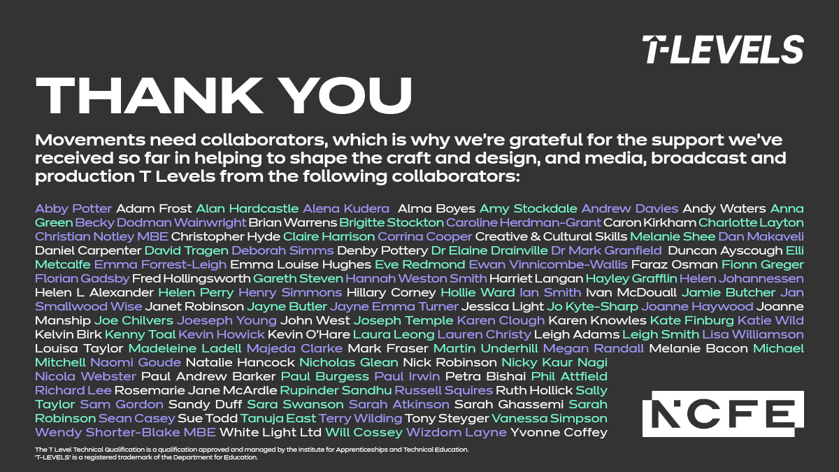 NCFE's tweet photo. Thank you to all of our collaborators who are helping us to develop the craft and design, and media, broadcast and production T Levels. Would you like to contribute your knowledge and insight to help shape your sector? Find out more here: https://t.co/SlAbZqkIVA https://t.co/KcsXNkPr0V