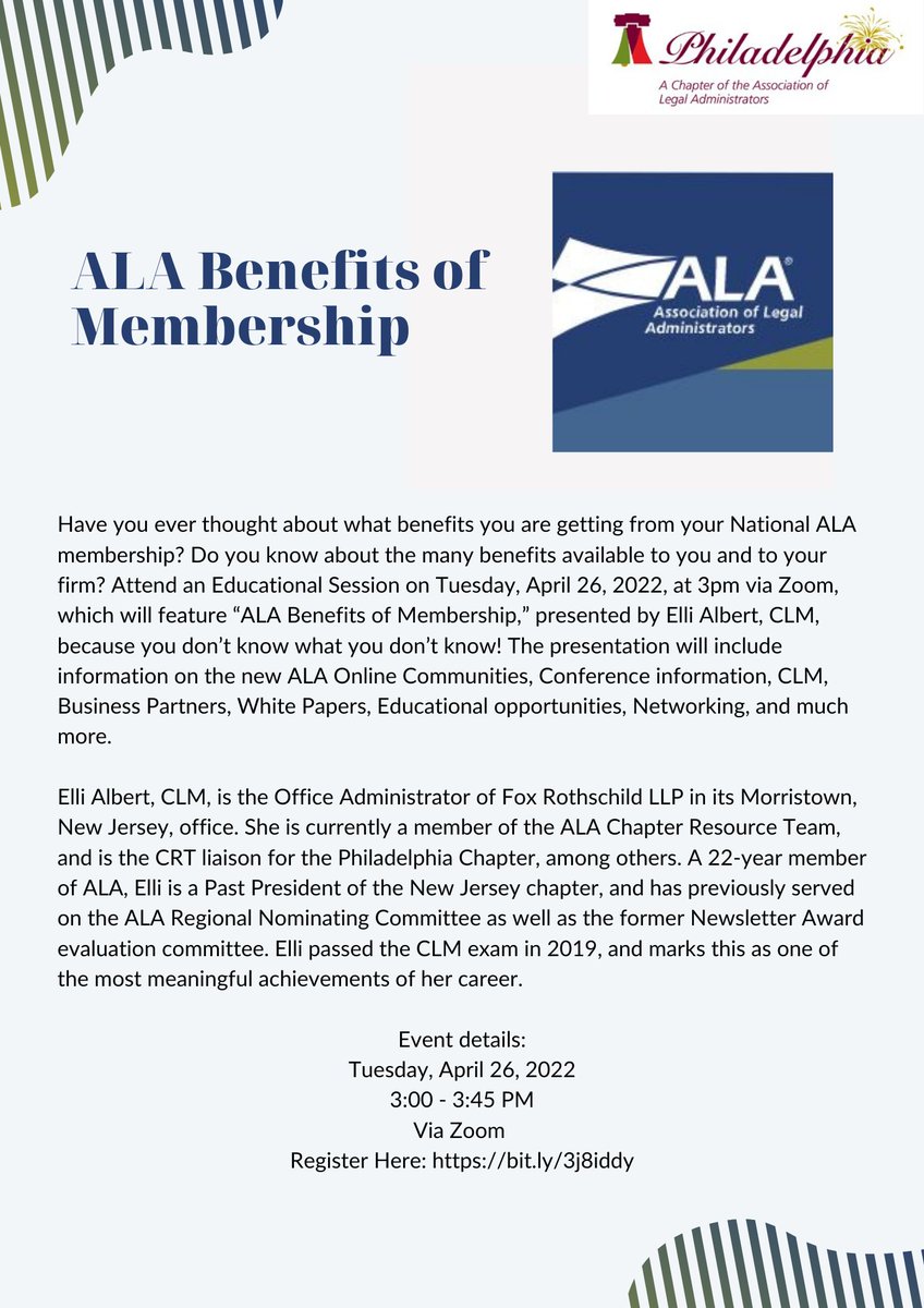 Learn how to make the most of your membership with National in this virtual session with Elli Albert of <a href="/FoxRothschild/">Fox Rothschild</a>. 4/26 @ 3 PM  bit.ly/3j8iddy