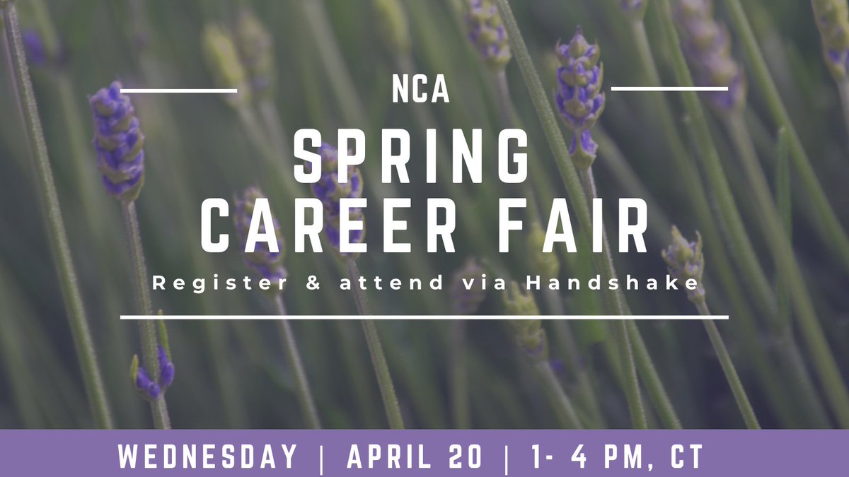Registration is now open for the FINAL NCA Career Fair of the academic year! The NCA Spring Career Fair will be Wednesday, April 20 from 1-4 PM, CT &amp; will take place on Handshake. Register today 🌷 spr.ly/6019KxPov