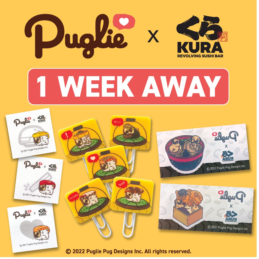 kurasushi_usa's tweet photo. ๐จ 1 WEEK AWAY ๐จ
NEW @PugliePug x Kura Sushi #BikkuraPon Collaboration will be available April 11 at ALL KURA REVOLVING SUSHI BAR LOCATIONS! ๐จ๐ถโจ
#Prizes will include sticky notes, temporary tattoos and rubber bookmarks.
Whoโs excited!? ๐
#puglie #pug #pugliepug #sushi https://t.co/V76YrwvlTV