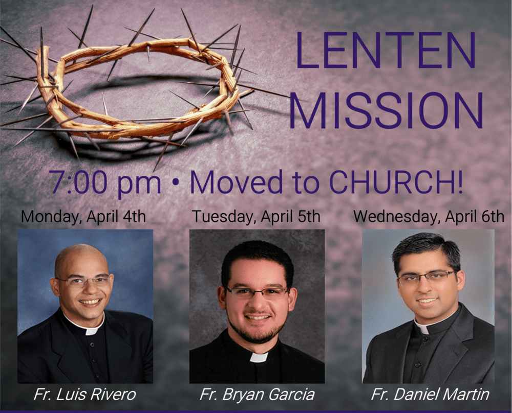 COTLF's tweet photo. Join us tonight, tomorrow and Wednesday night at 7:00pm for our 2022 Parish Lenten Mission, featuring talks by Fr. Luis Rivero, Fr. Bryan Garcia, and Fr. Daniel Martin. All three talks will be held in the church! https://t.co/WRukPGwIMM