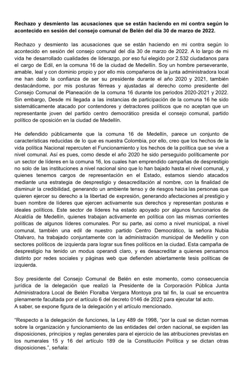 16_jal's tweet photo. Comunicado Edil Santiago Gómez Ospina por los hechos ocurridos el día 30 de marzo de 2022 en plenaria de Consejo Comunal de Belén. https://t.co/g6v16DDExL